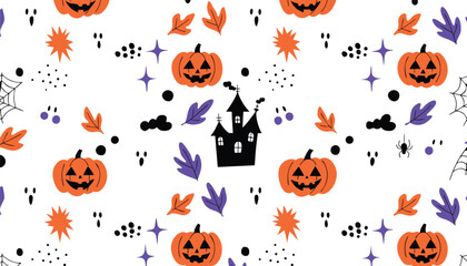 Obraz premium Seamless Halloween Pattern with Haunted House, Pumpkins and Bats 