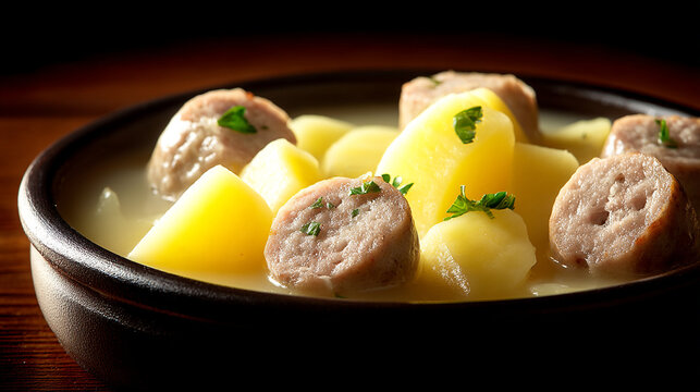 Hearty potato soup with sliced sausage pieces and fresh herbs in a dark ceramic bowl
