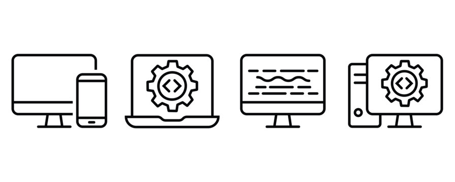 Set of four thin line icons representing software development, programming, and responsive web design on a