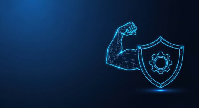 Neon blue wireframe muscular arm flexing beside a protective shield with gear icon against dark backdrop