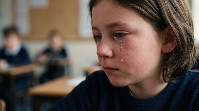 Young child crying in classroom with tears streaming down face during lesson