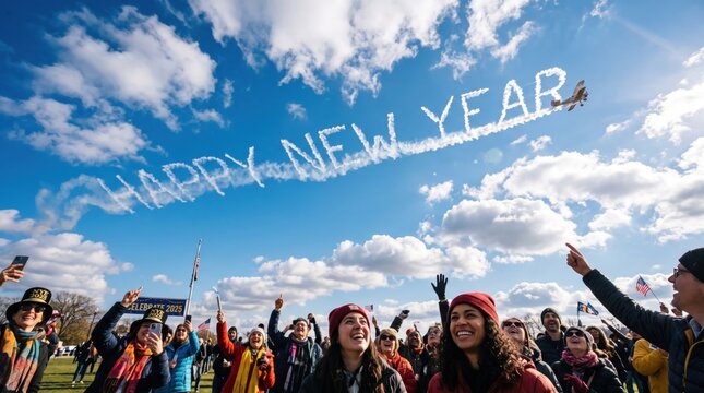 People joyfully celebrating the new year with a festive atmosphere and skywriting that reads happy new year against a clear blue sky