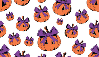 Fototapeta premium Seamless Halloween Pattern with Pumpkins Tied with Bows 