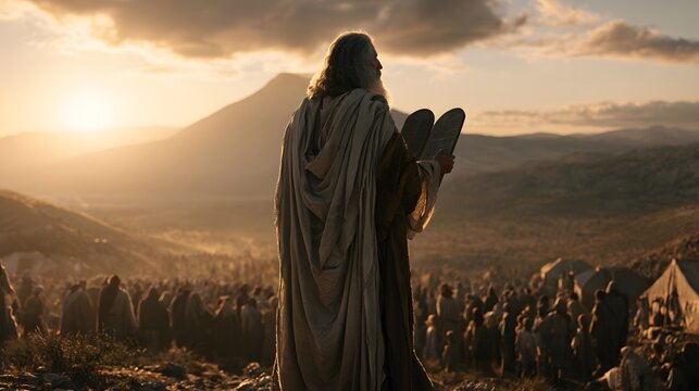 Moses holding the ten commandments tablets before a large crowd at sunset