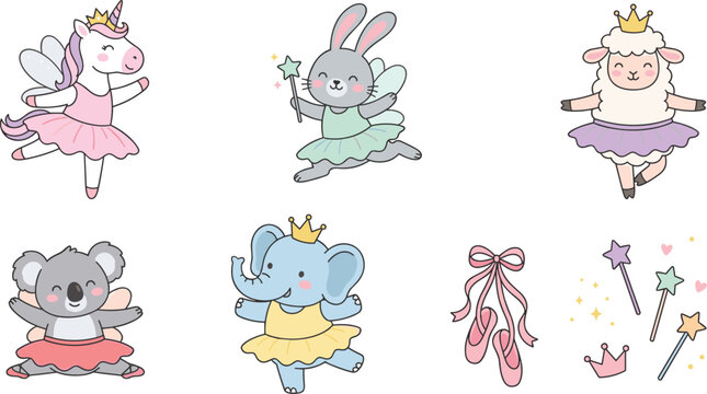 Cute Kawaii Ballerina Animal Vector Character Set Featuring Unicorn Bunny Sheep Koala and Elephant in Tutu Skirts with Ballet Shoes and Magic Wands