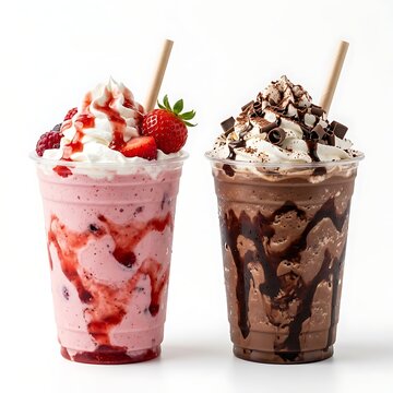 Two delicious milkshakes, one strawberry with fruit topping and one chocolate with chocolate shavings, isolated on white background