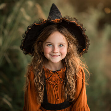 Cute little girl wearing a black witch hat and orange dress smiling happily for halloween portrait