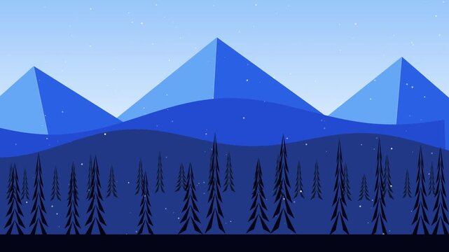 Winter mountain landscape with animated snowfall