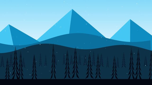 Pixel mountain landscape with animated snowfall