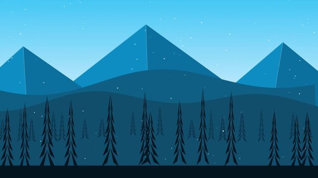 Snowy mountain landscape with pine forest and falling snow