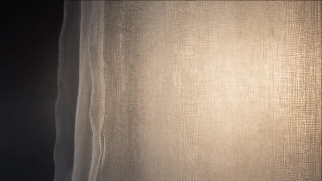 Cinematic minimal curtain timelapse background with warm window light through textured fabric, deep shadows, soft atmospheric motion, calm abstract interior mood, elegant visual design texture