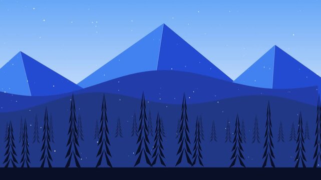 Pixel art winter mountain landscape with falling snow