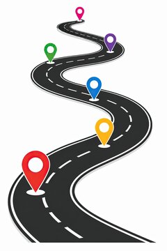 Winding road illustration with colorful location pins on the path