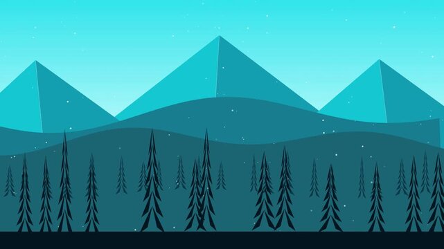 Winter mountain landscape vector animation with falling snow