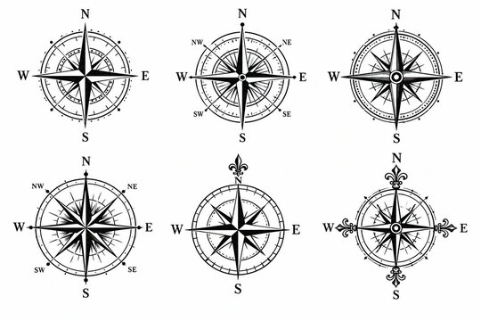 Set of black and white vintage compass rose icons for map navigation