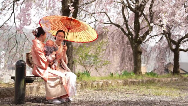 A woman in a coral kimono cradles an infant beneath a traditional parasol while family members gather among blooming cherry trees.