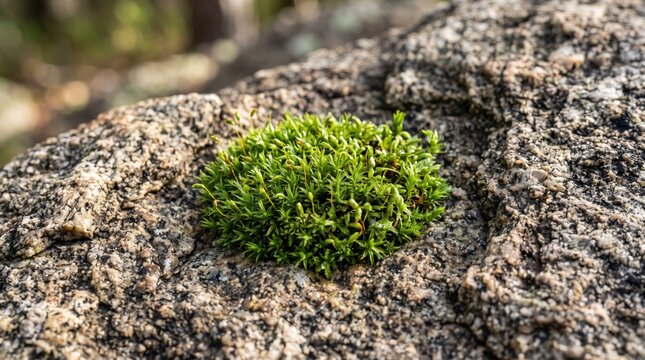 Vibrant green moss patch growing on textured granite rock surface, nature macro shot, wilderness detail, forest floor vegetation, organic texture pattern, stone and plant contrast