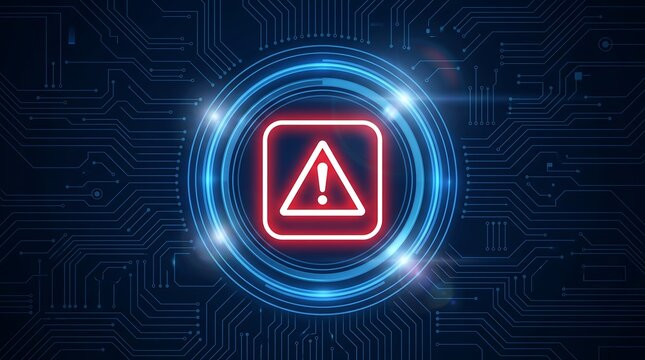 Digital circuit board background with glowing red warning triangle icon representing system error or security alert in futuristic technology user interface for software development
