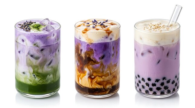 Three different glasses of iced colorful boba tea drinks isolated on white background