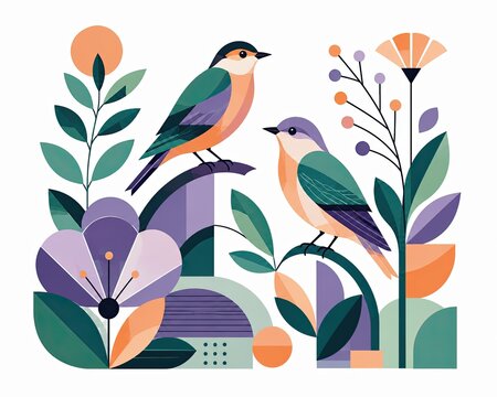 Two colorful birds sitting on a branch with flowers in pixel art style