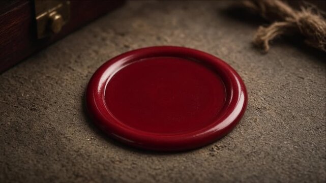 Cinematic Minimal Timelapse Background, Red Ceramic Plate, Glossy Crimson Round Wax Seal on Textured Fabric Near Antique Wooden Box, Warm Nostalgic Mystery, Craftsmanship, SEO Visual Art