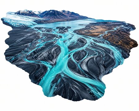 Aerial view of a blue glacier river flowing through dark rocky mountains