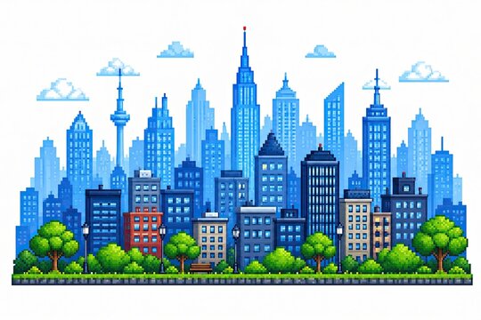 Pixel art city skyline with tall buildings and green trees in park