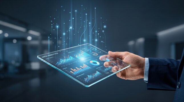 Hand holding transparent futuristic tablet displaying advanced data analytics dashboard, business intelligence report, financial growth charts, statistical graphs, market research