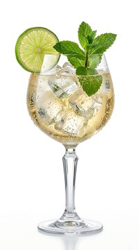 Refreshing gin tonic cocktail with ice cubes, lime slice, and fresh mint leaves isolated on white background