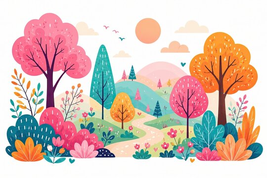 Colorful pixel art landscape with autumn trees and sunny hills scenery