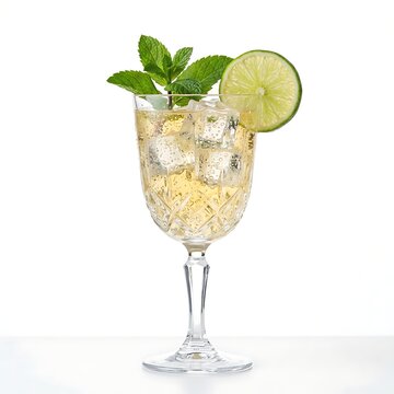 A refreshing cocktail with ice, mint, and lime garnish, presented in an ornate glass isolated on white background