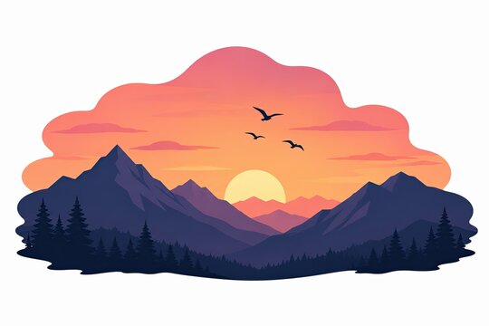 Pixel art sunset over mountain range with orange sky and forest trees