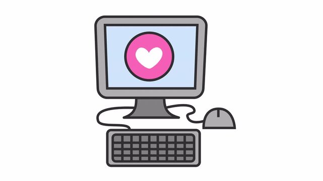 Desktop computer with pink glowing heart icon cartoon animation for online dating symbol and social media romance feedback notification element isolated on an alpha channel.