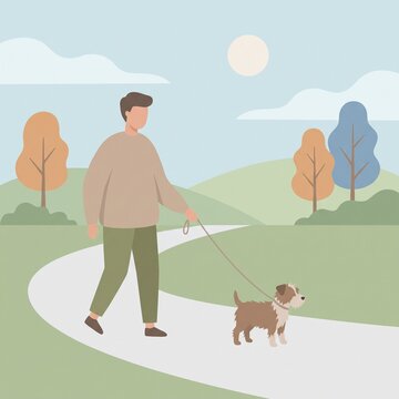 Flat Vector Illustration of Man Walking Small Dog in Outdoor Park Path