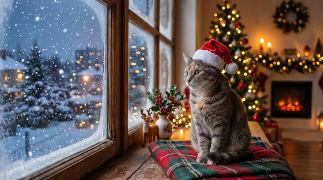 Charming holiday setting featuring a cat wearing a festive hat gazing at the snow falling outside a window