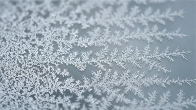 Frost Crystal Pattern on Window, Cinematic Minimal Timelapse Background Showing Delicate Branching Ice Texture, Cool Winter Atmosphere, Quiet Natural Beauty, Seasonal Design