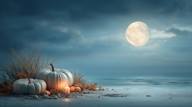 White pumpkins resting on a shore under a bright full moon at night with halloween