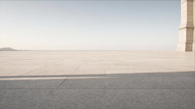 Minimal Cinematic Architectural Plaza Timelapse Background with Empty Stone Pavement, Monument Column, Sunlit Horizon, Classical Details, Spacious Composition, Quiet Atmosphere, and Soft Natural