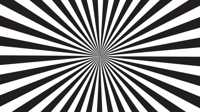 Abstract sunburst pattern with grey and white radial rays background. Stripes rotating. Looped animation 4k. Hypnotic black and white radial sunburst animation background. vintage backdrop for comic.