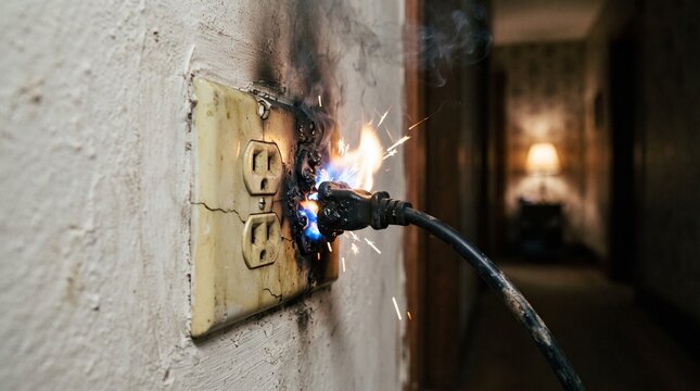Electrical short circuit causing sparks and smoke from a damaged power outlet socket on a wall with electric spark fire hazard electricity danger faulty wiring burning plug safety hazard