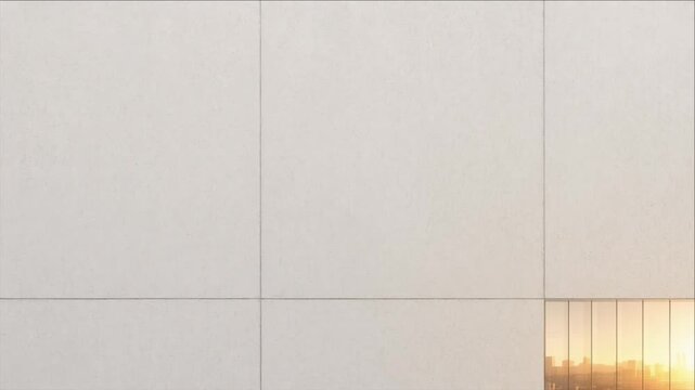 Minimal cinematic timelapse background featuring warm sunset light through gridded urban window, pale geometric architectural wall, vertical shadow lines, quiet atmosphere, calm composition