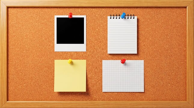 Brown cork bulletin board with pinned blank photo frame notepad yellow sticky note and lined paper notice board memo board push pins office supplies red pin blue pin reminder organization