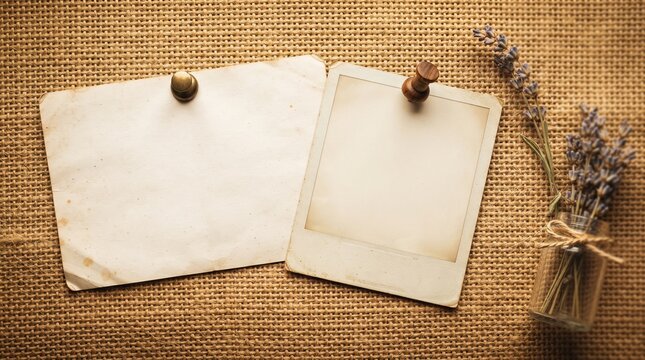Blank instant photo frame and aged paper note pinned on rustic burlap background with vintage mockup polaroid mockup lavender flowers sheet of paper old picture burlap cloth hessian fabric
