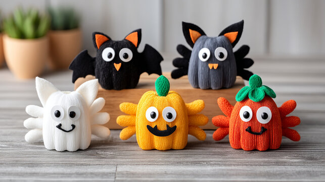 Cute handmade plush halloween toys including bats ghost and pumpkins on wooden table with ghost toy
