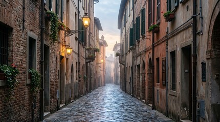 Fototapeta premium Narrow Historic Cobblestone Street in an Ancient Italian Town with Glowing Lanterns and Morning Mist, Romantic Alleyway in Tuscany Architecture