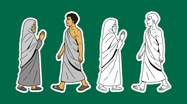 Hajj Pilgrims Couple Walking Color and Outline Illustration Set