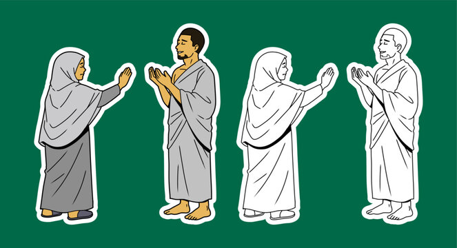 Muslim Pilgrims in Ihram Clothing Color and Outline Illustration Set