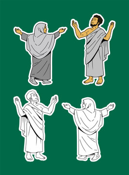 Man and Woman in Prayer Color and Outline Illustration Set