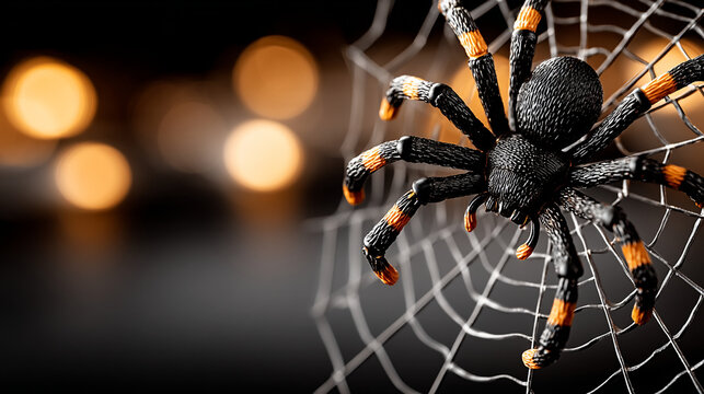 Black and orange toy spider sitting on white web against dark bokeh background with spiderweb