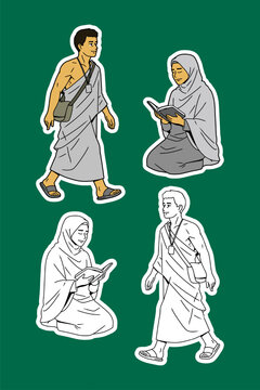 Pilgrims and Woman Reading Color and Outline Illustration Set